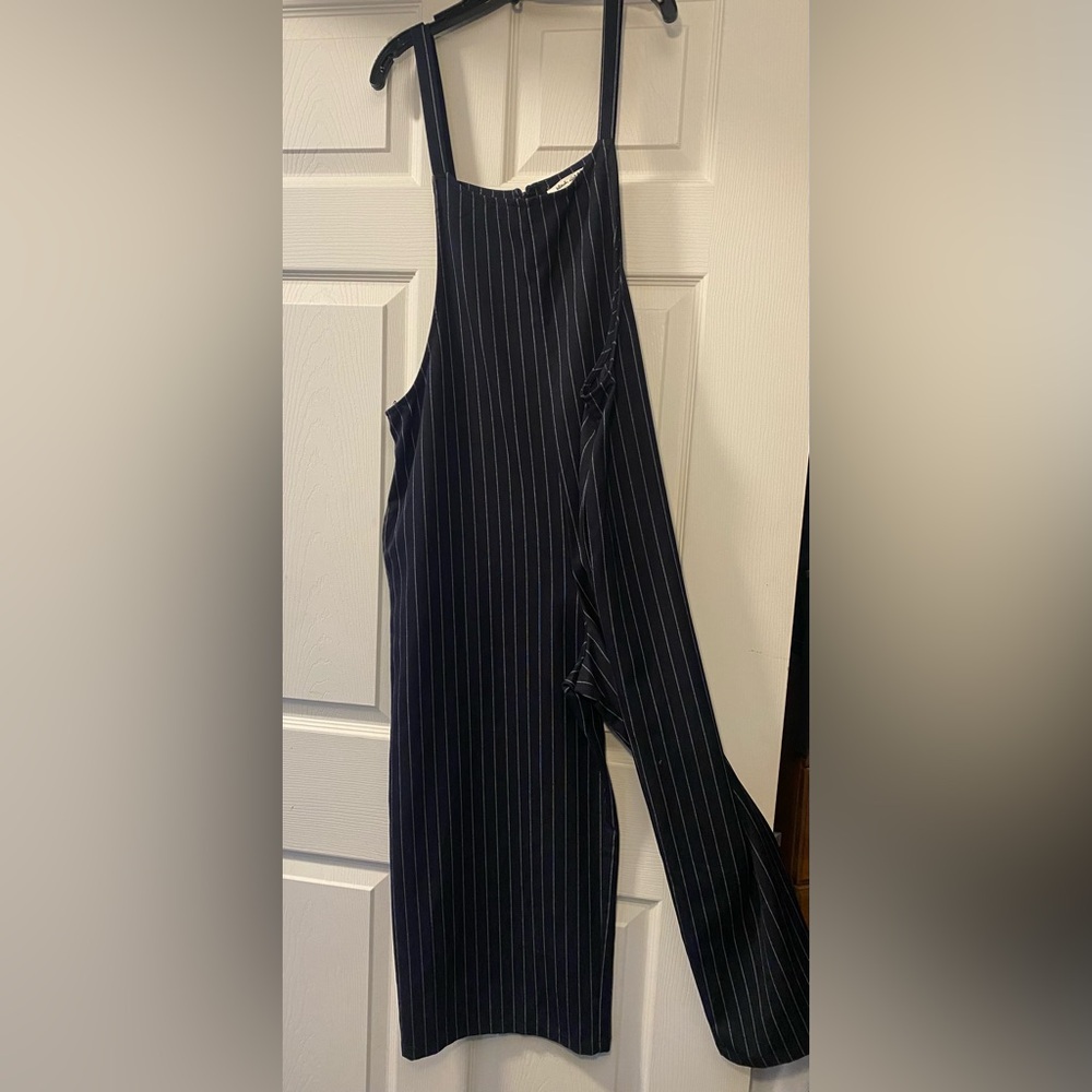 Dark Navy Cropped Striped Romper with Pockets